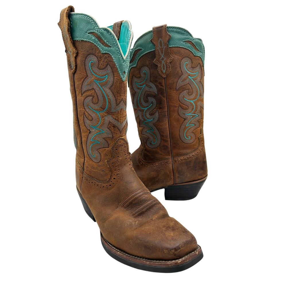 Justin Womens Sevana Brown/Turquoise Leather Square Toe Western Boots (Size 9)